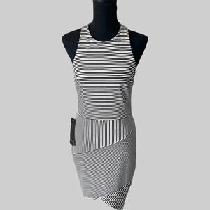 Bebe Short Asymmetrical Striped Stretch  Mini Dress
